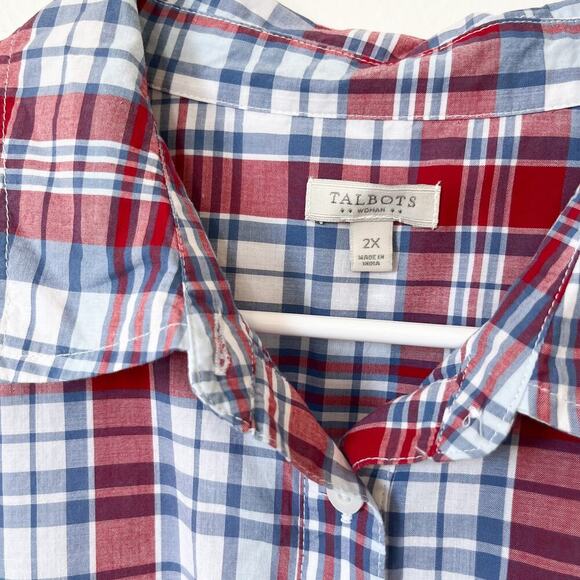 Talbots Woman 2X Red Blue Plaid Button Up Shirt Rolled Sleeve Summer Lightweight - Picture 2 of 9